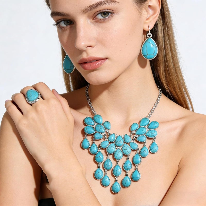 JMScape 4 PCS Western Turquoise Jewelry for Women Boho Vintage Navajo Pearl Necklace Earring Bracelet Ring Set Country Cowgirl Accessories for Gift - Image 2